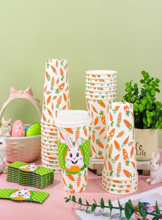 Whaline 50 Pack Bunny Carrot Disposable Coffee Cups with Lids and Sleeves Spring Cute Rabbit Paper Drinking Cups Green White Paper Cup for Easter Spring Party Supplies - Image 4
